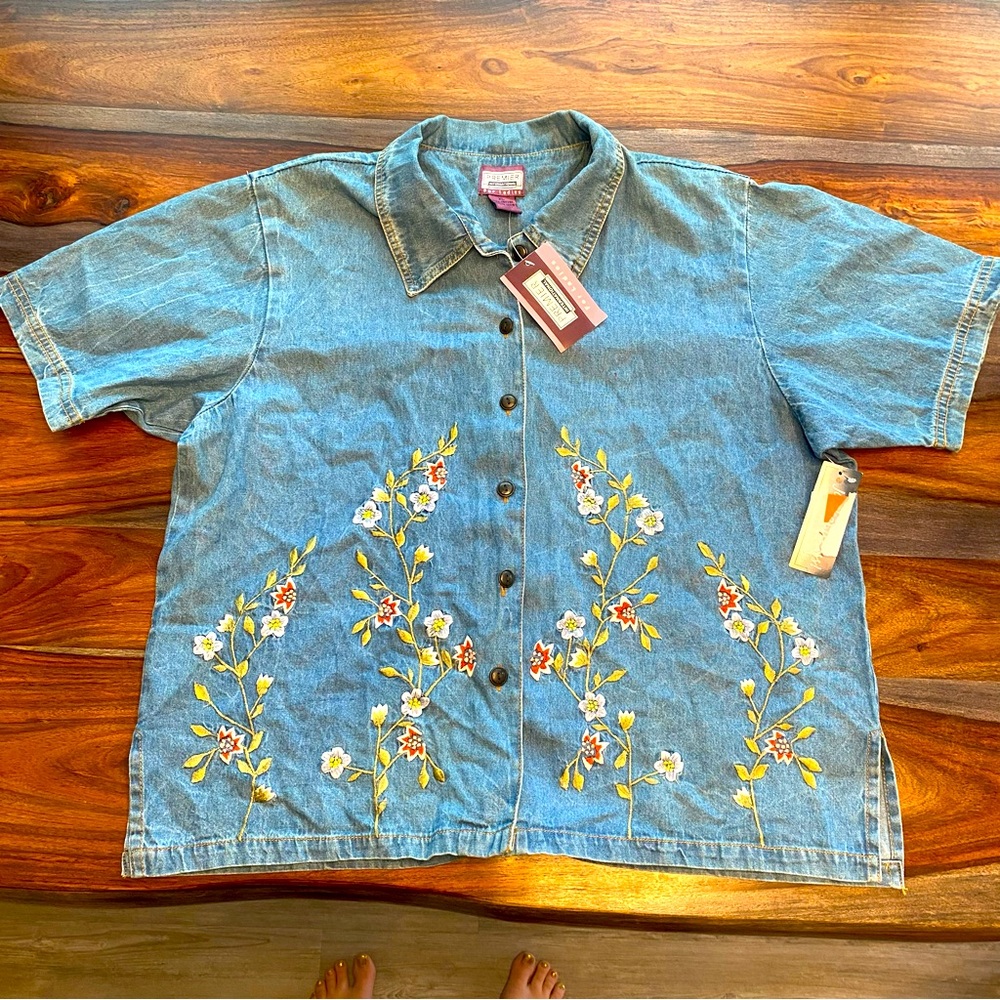 Deadstock Vintage Floral Embroidered Denim Shirt Button Up Jean Womens XL Cotton